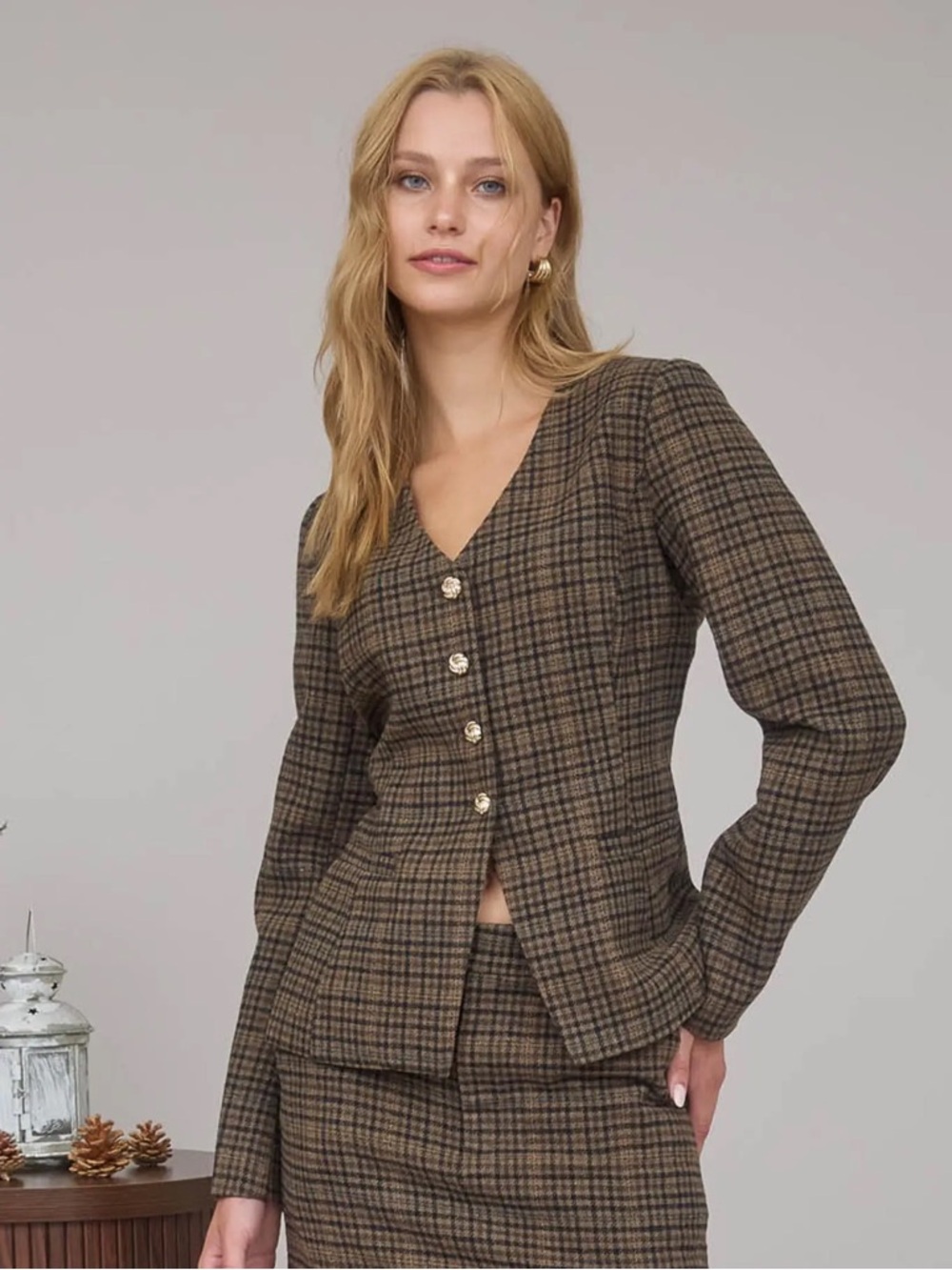 Womens Plaid Button Front Jacket - Brown Multi